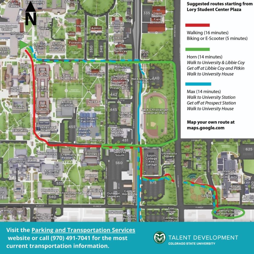 Transportation graphic showing a map of campus as well as highlighted routes to be used as directions to Talent Development training locations.